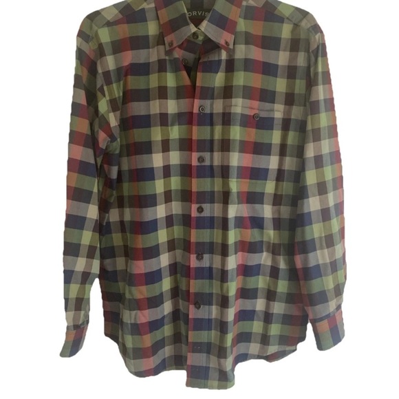 Orvis Signature Twill Plaid Cotton Shirt Shades of Green Blue Red - Picture 1 of 6